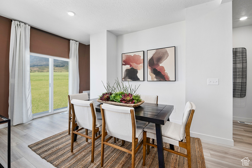 Dining space with baseboards, a textured ceiling, and light wood finished floors
