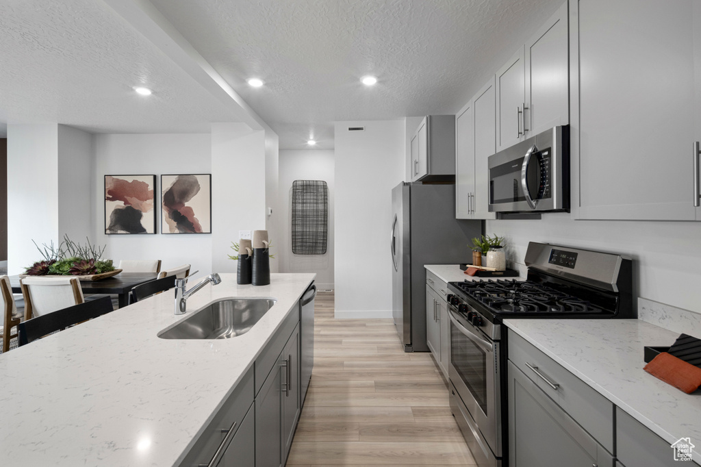 Kitchen with light stone counters, light wood-style flooring, gray cabinetry, a sink, and appliances with stainless steel finishes