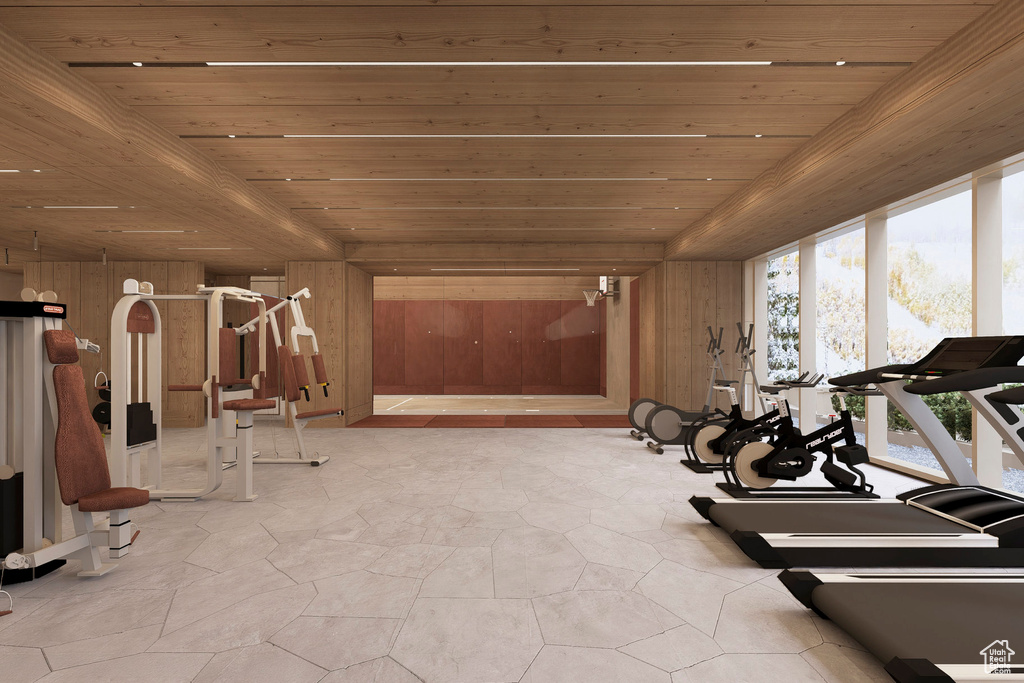 Interior space with wood walls and wood ceiling