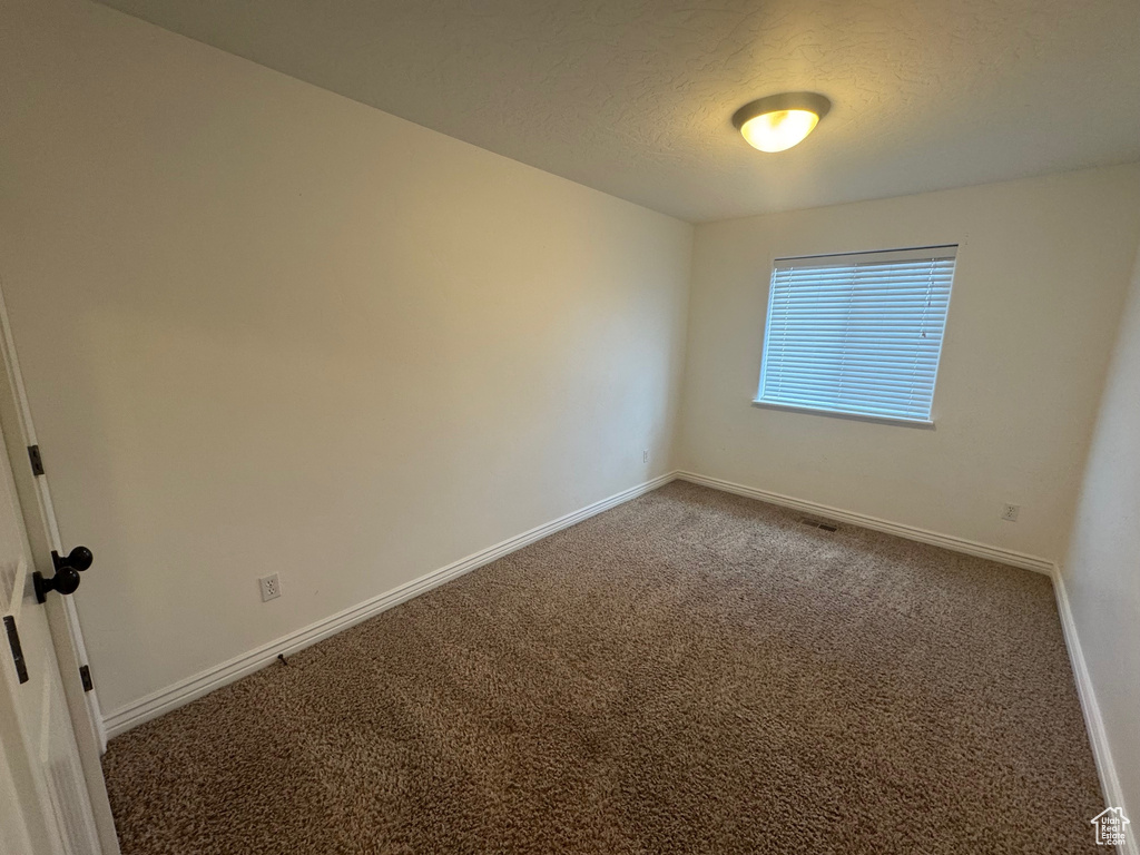 Empty room featuring carpet floors, a textured ceiling, and baseboards