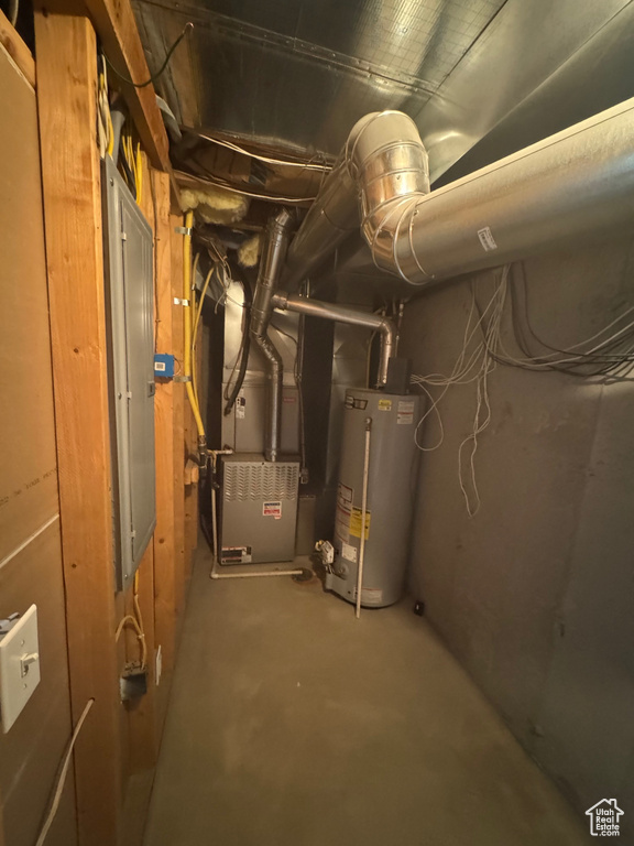 Utilities with electric panel, heating unit, and water heater