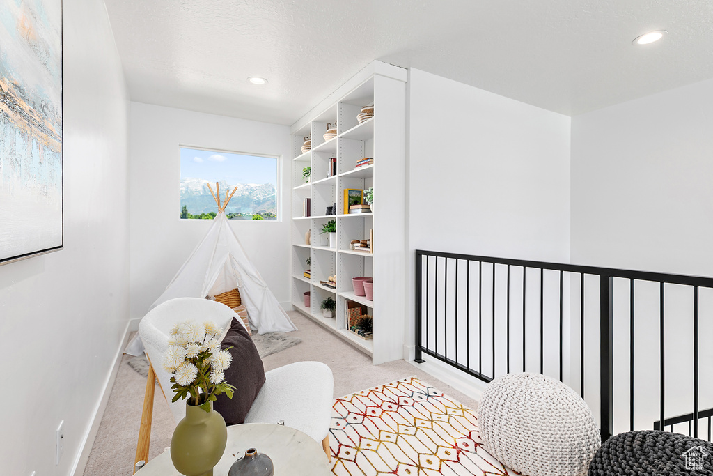 Rec room with light carpet and recessed lighting