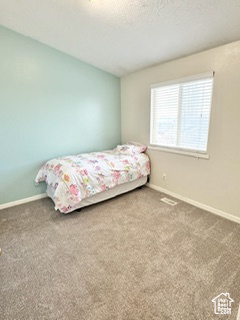 Carpeted bedroom featuring a textured ceiling and baseboards