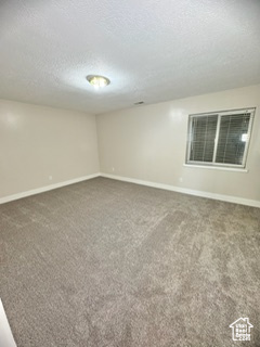 Carpeted spare room featuring a textured ceiling and baseboards