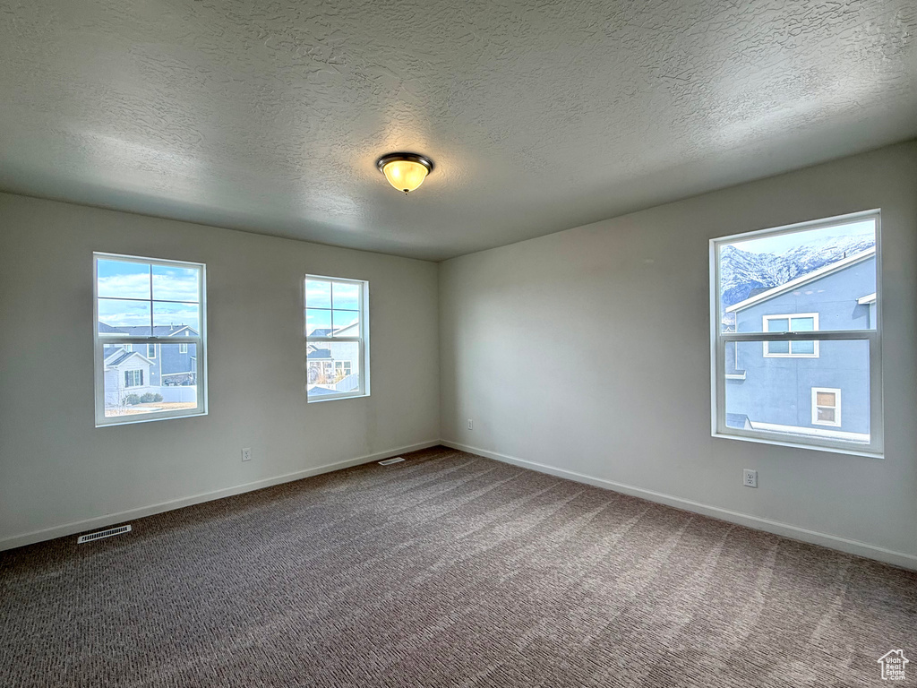 Unfurnished room with carpet floors, visible vents, a textured ceiling, and baseboards