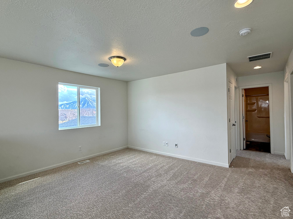 Unfurnished room featuring baseboards, a textured ceiling, visible vents, and carpet flooring