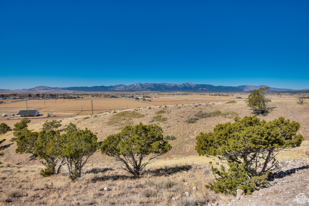 Mountain view with view of desert and a rural view