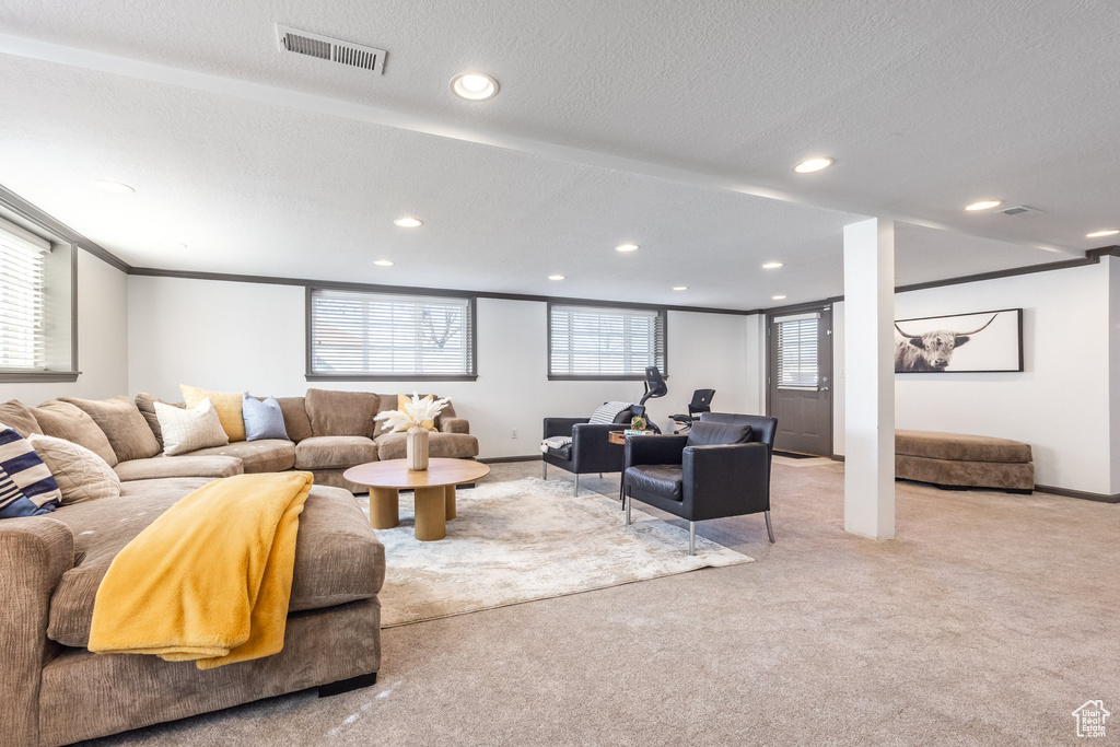 Carpeted living room featuring recessed lighting and baseboards