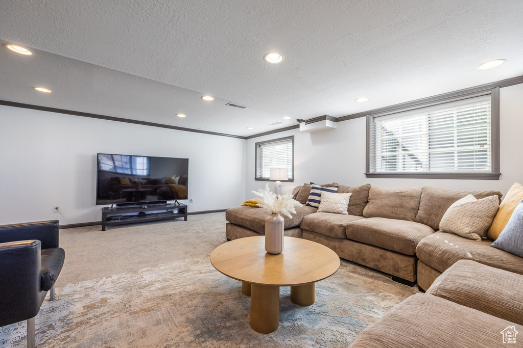 Carpeted living area with baseboards, a textured ceiling, recessed lighting, and crown molding