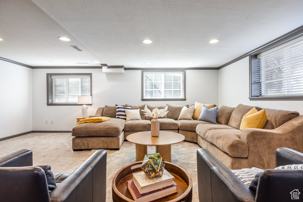 Living area featuring crown molding, light carpet, recessed lighting, baseboards, and a textured ceiling
