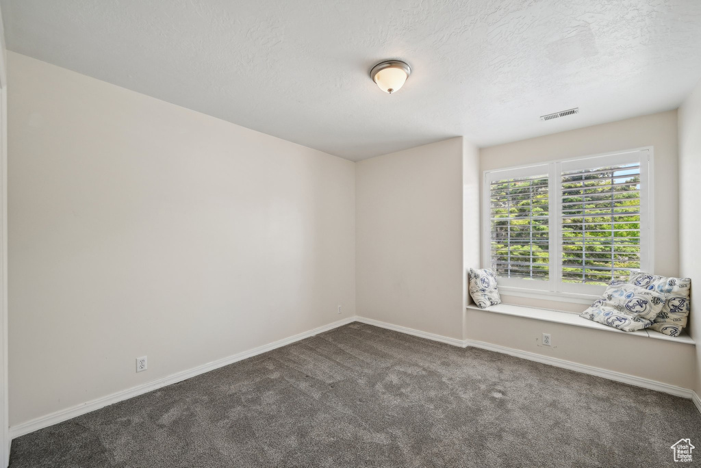 Carpeted empty room featuring baseboards and a textured ceiling