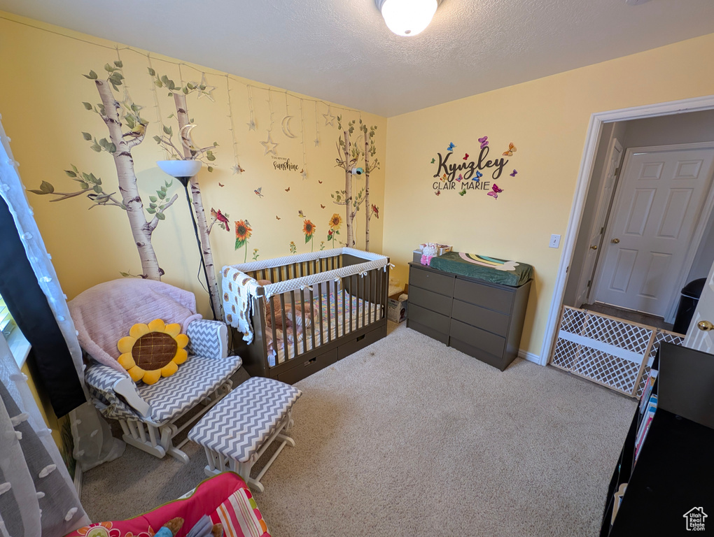 Carpeted bedroom with baseboards and a textured ceiling