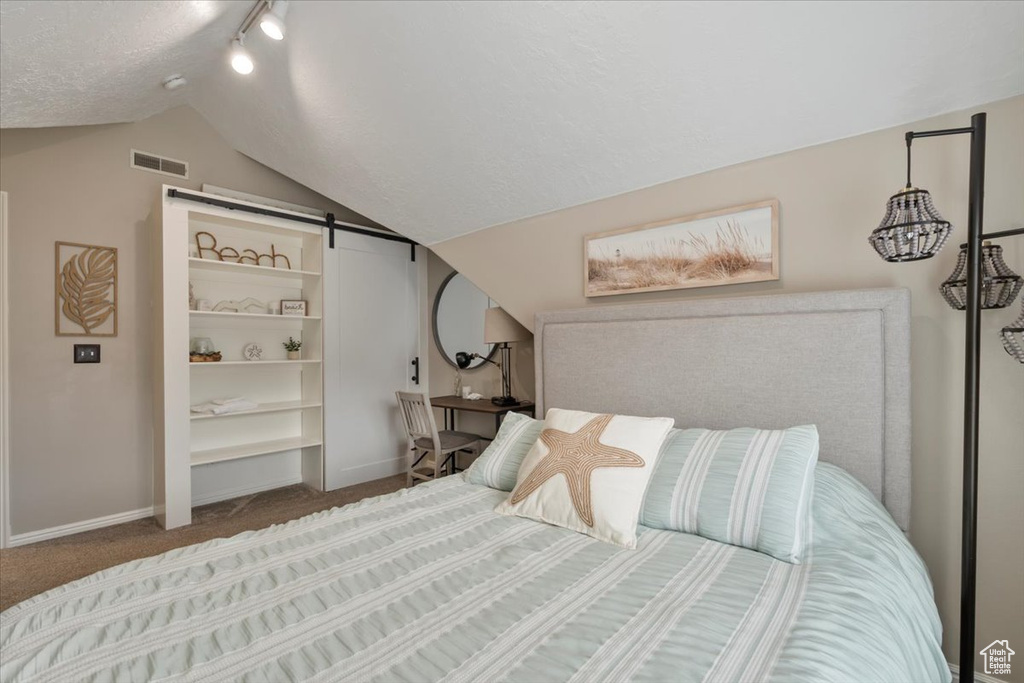 Bedroom with lofted ceiling, carpet flooring, baseboards, and a barn door