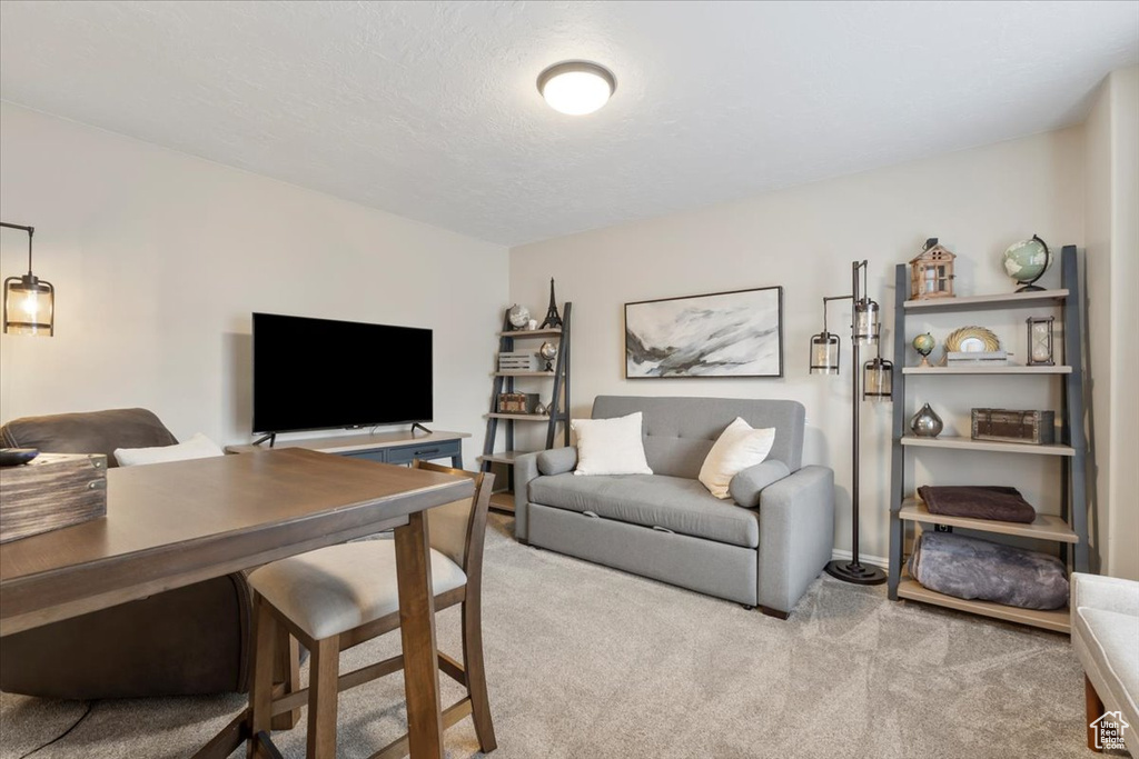 Office space featuring carpet floors and a textured ceiling