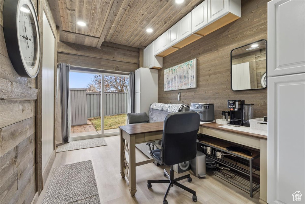 Office area featuring wooden ceiling, wooden walls, light wood finished floors, and recessed lighting