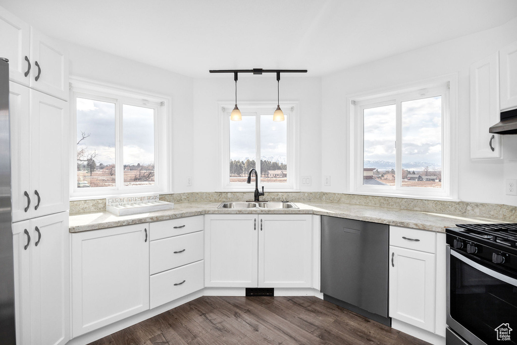 Kitchen featuring stainless steel appliances, a healthy amount of sunlight, a sink, and dark wood-style floors