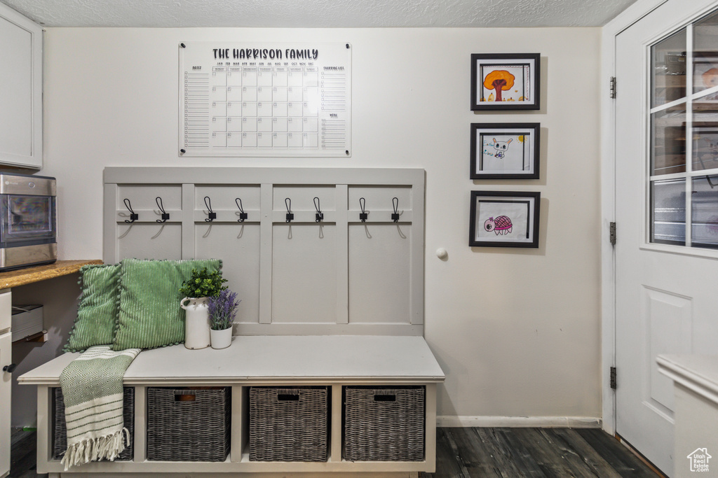 Mudroom with a textured ceiling, baseboards, and dark wood-type flooring