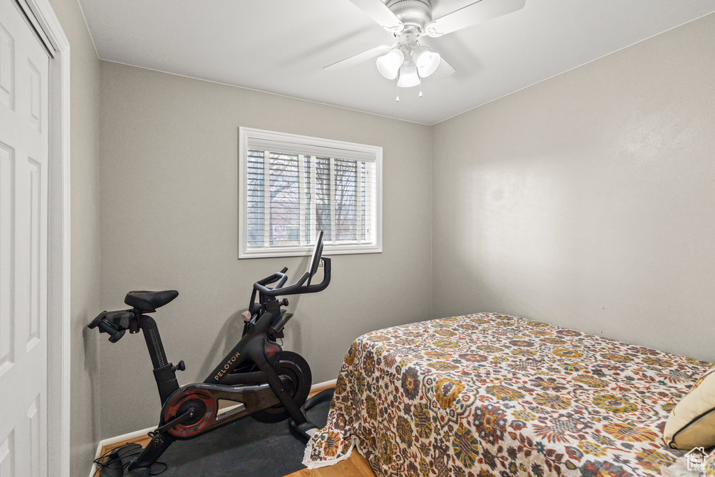 Bedroom featuring a ceiling fan, a closet, baseboards, and wood finished floors