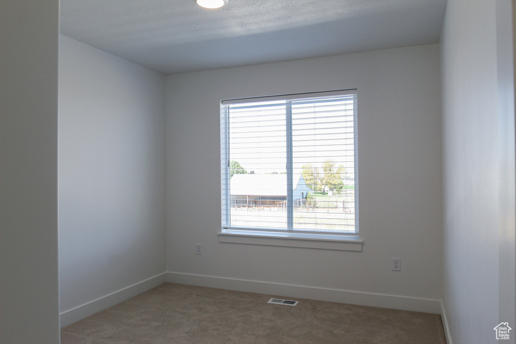 Spare room with light carpet, visible vents, and baseboards