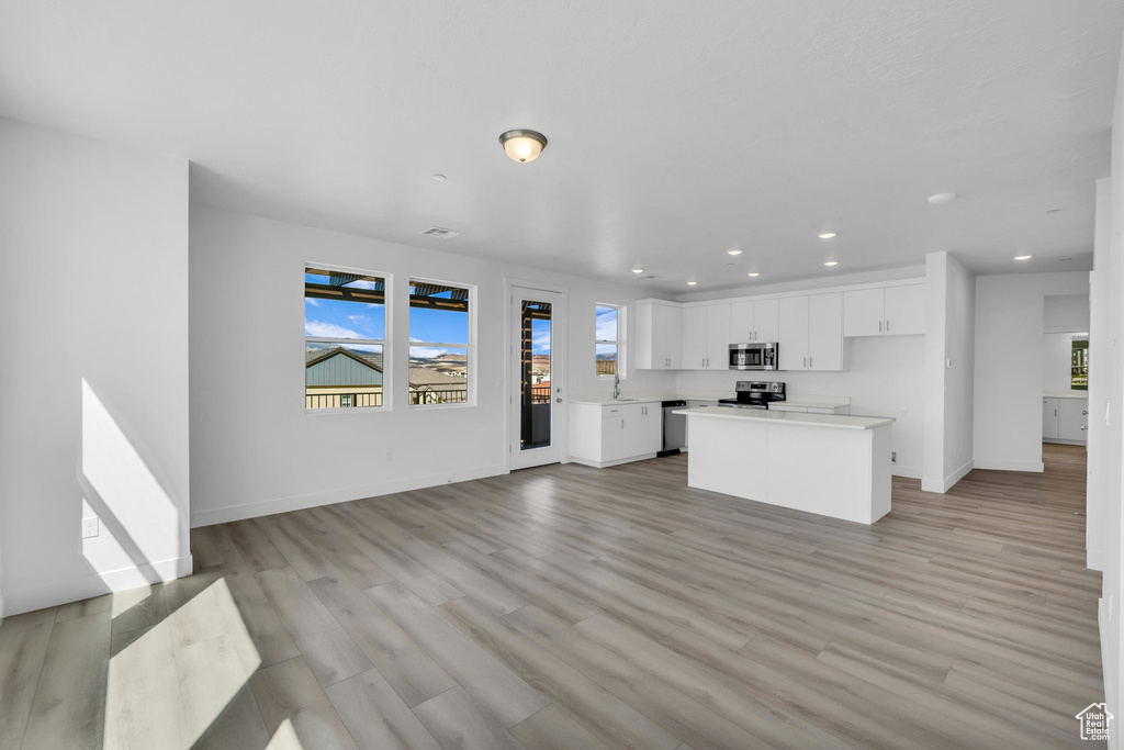 Kitchen with light wood finished floors, a kitchen island, appliances with stainless steel finishes, and a wealth of natural light