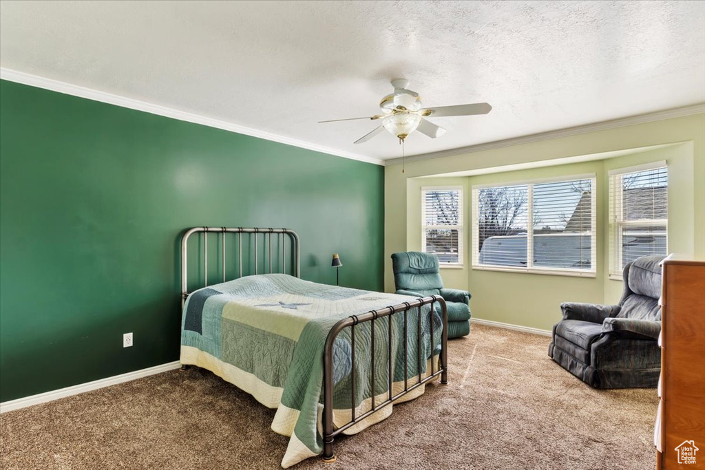 Carpeted bedroom featuring baseboards, a textured ceiling, and crown molding