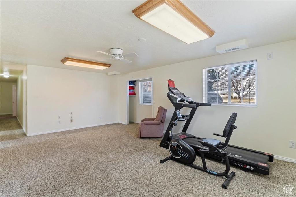 Exercise area with a ceiling fan, carpet, and baseboards