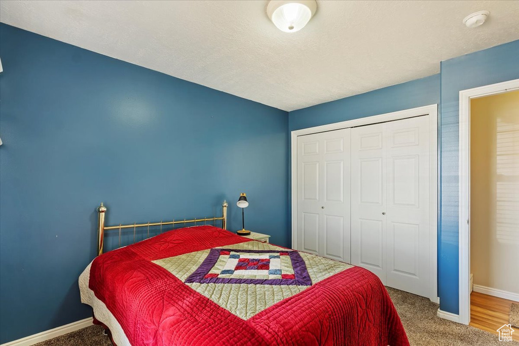 Bedroom featuring carpet floors, a closet, and baseboards