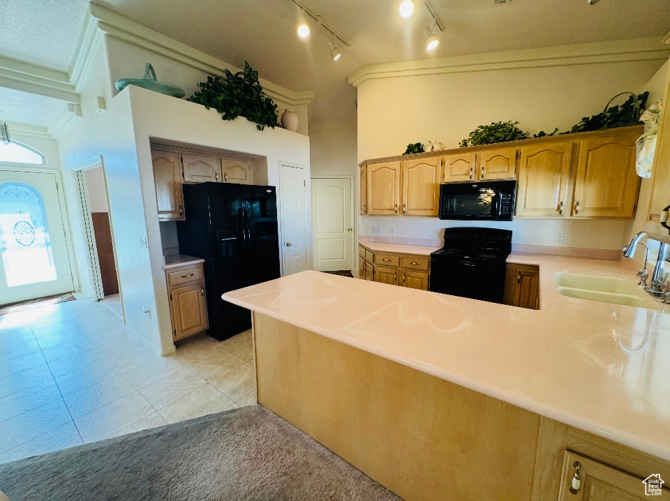 Kitchen featuring black appliances, a sink, light countertops, a peninsula, and track lighting