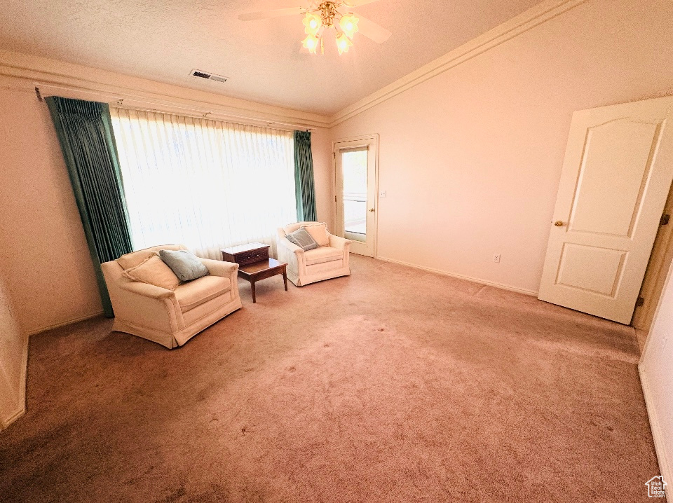 Living area with carpet floors, a ceiling fan, crown molding, and baseboards