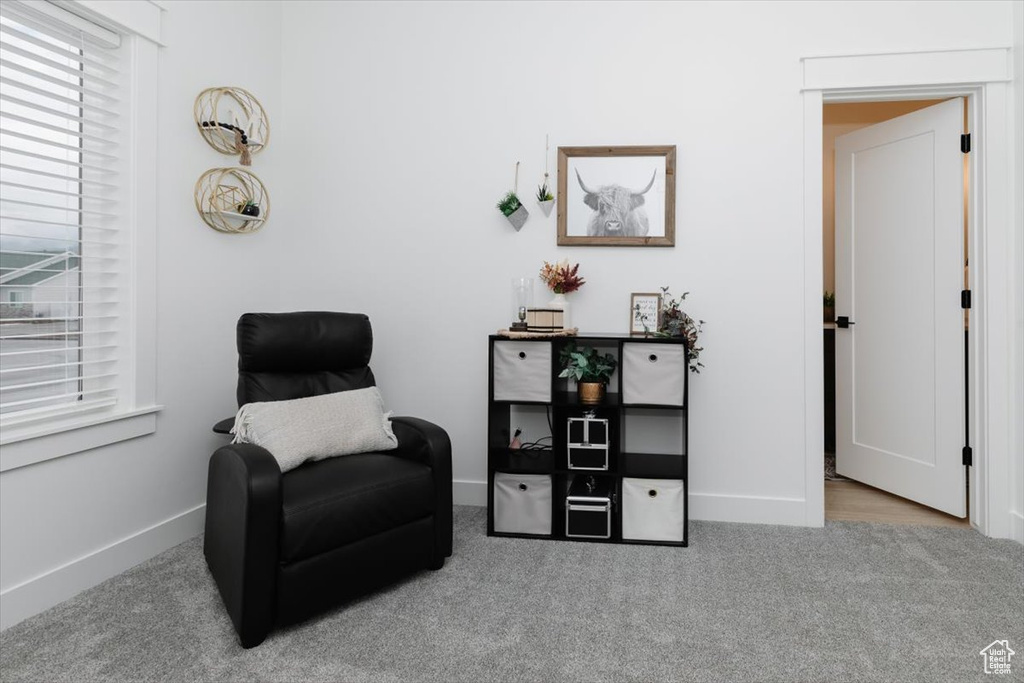 Living area with carpet floors and baseboards