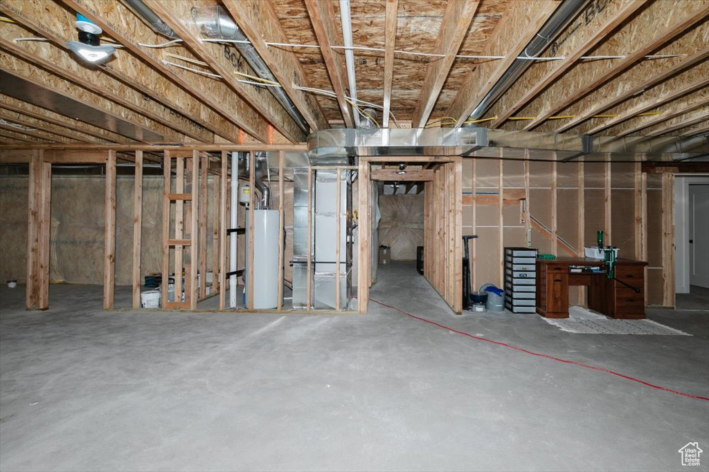 Unfinished basement with water heater