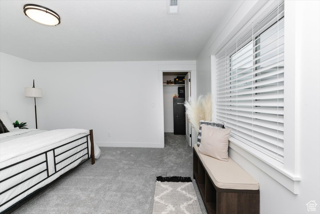 Bedroom featuring carpet, a walk in closet, visible vents, and baseboards