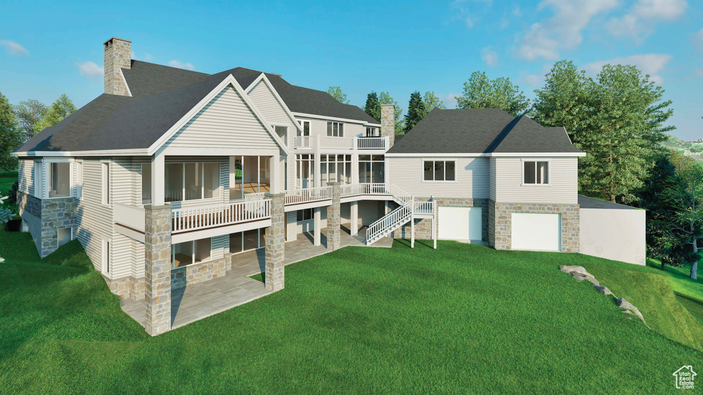 Back of property with stone siding, a chimney, a patio, a lawn, and an attached garage