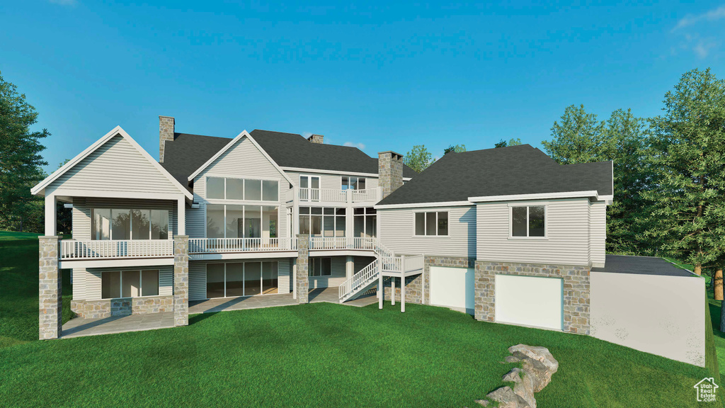 Rear view of house featuring stone siding, a patio, a lawn, an attached garage, and stairs