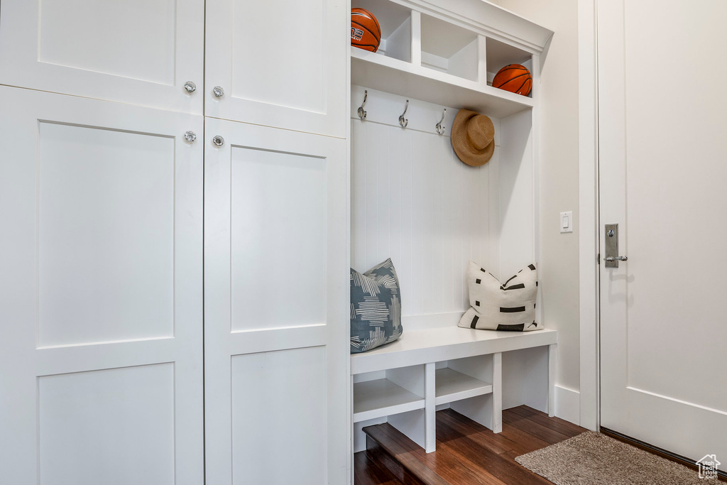Mudroom featuring dark wood-style floors