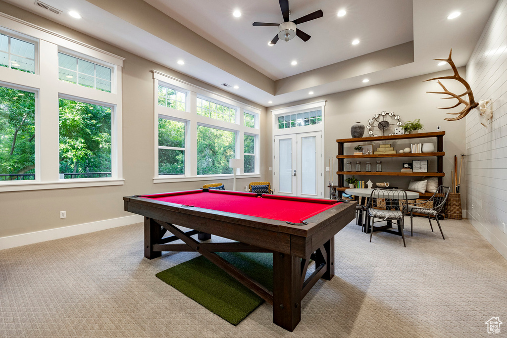 Game room with recessed lighting, billiards table, light carpet, a ceiling fan, and baseboards