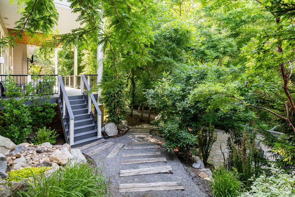 View of yard featuring stairway