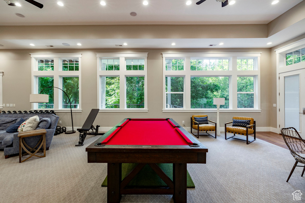 Rec room featuring recessed lighting, carpet flooring, a ceiling fan, billiards table, and baseboards