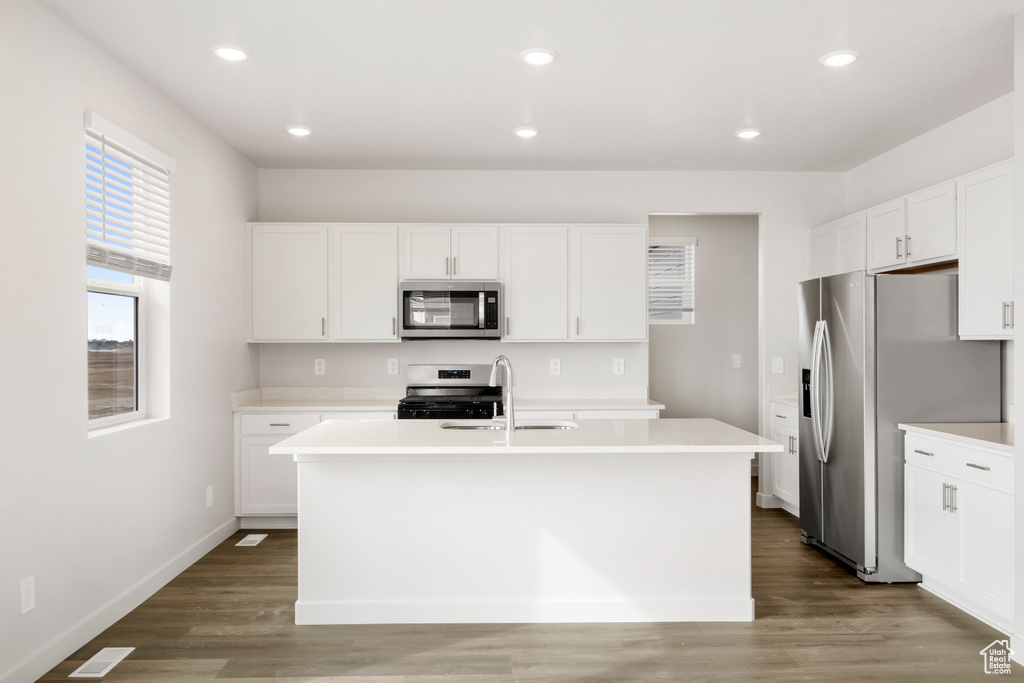 Kitchen with light countertops, a kitchen island with sink, recessed lighting, appliances with stainless steel finishes, and a sink