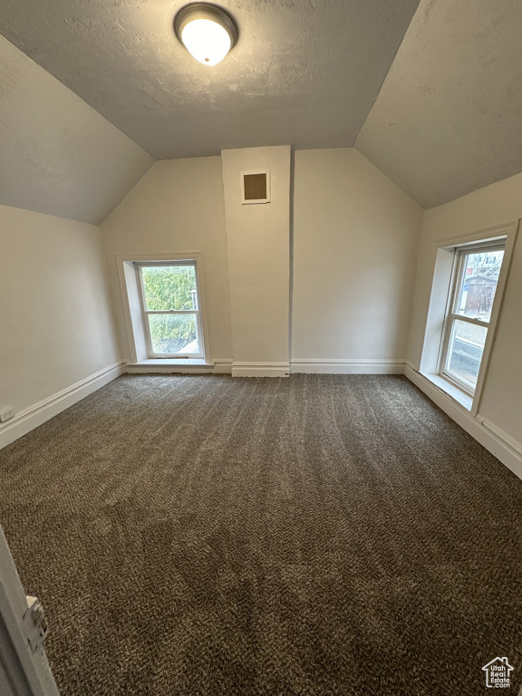 Bonus room with a healthy amount of sunlight, vaulted ceiling, and carpet flooring