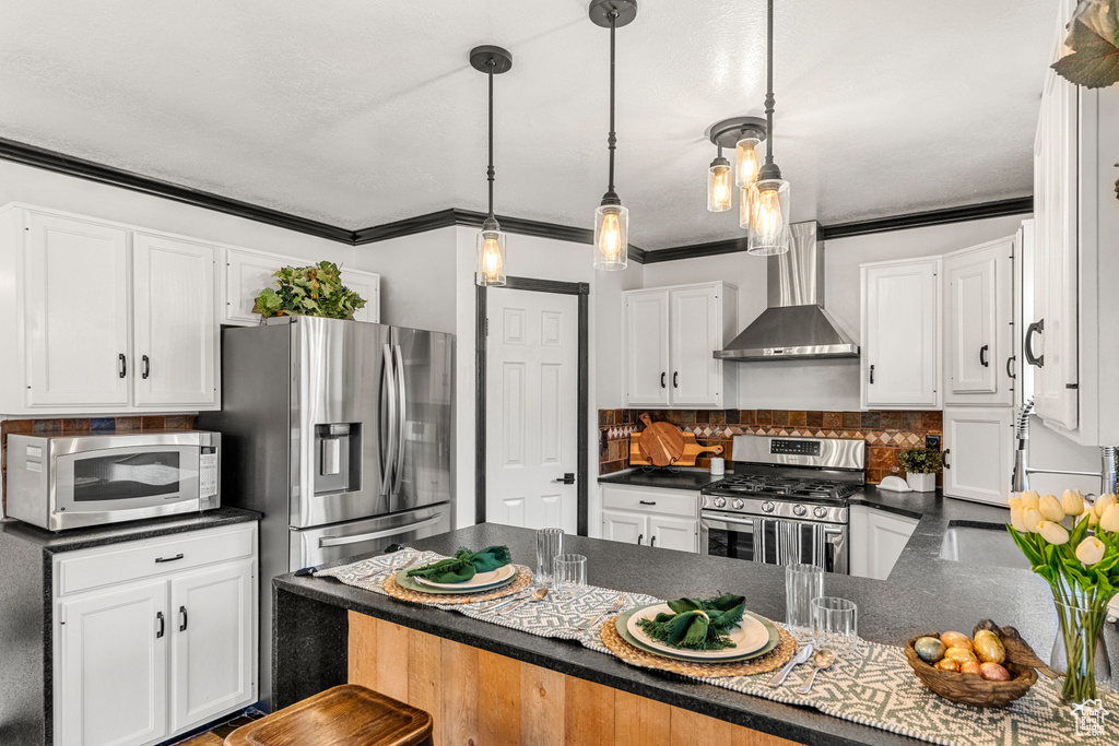 Kitchen with stainless steel appliances, white cabinetry, wall chimney range hood, tasteful backsplash, and dark countertops