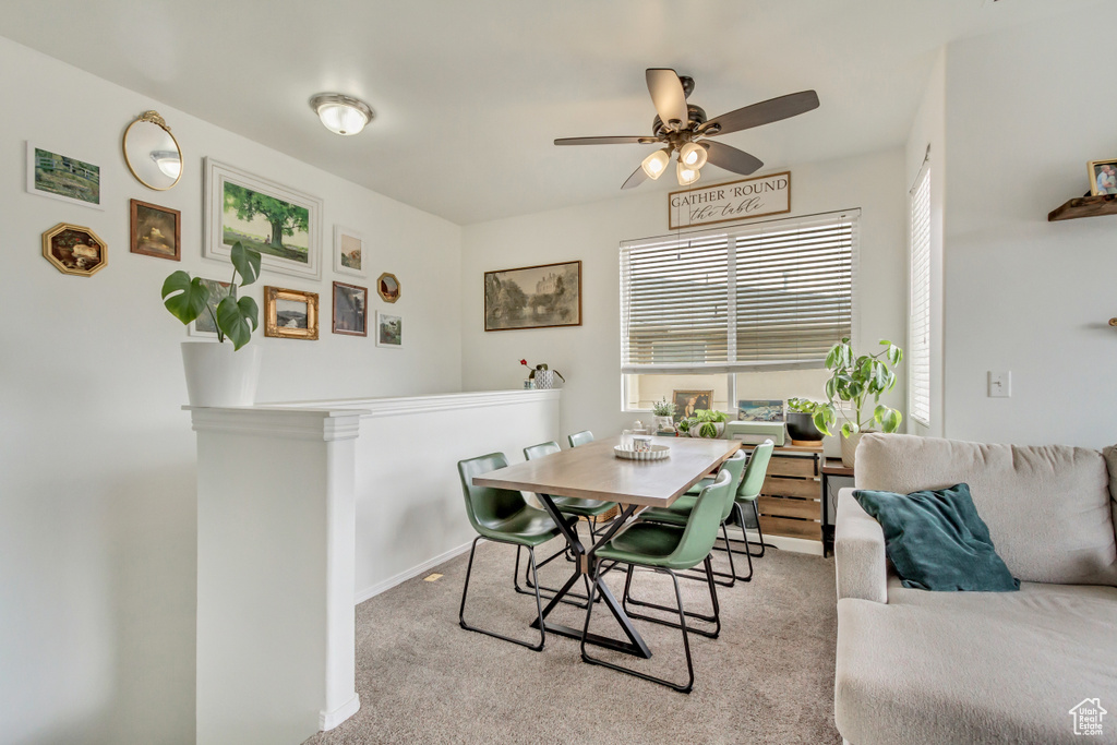Carpeted dining area featuring ceiling fan