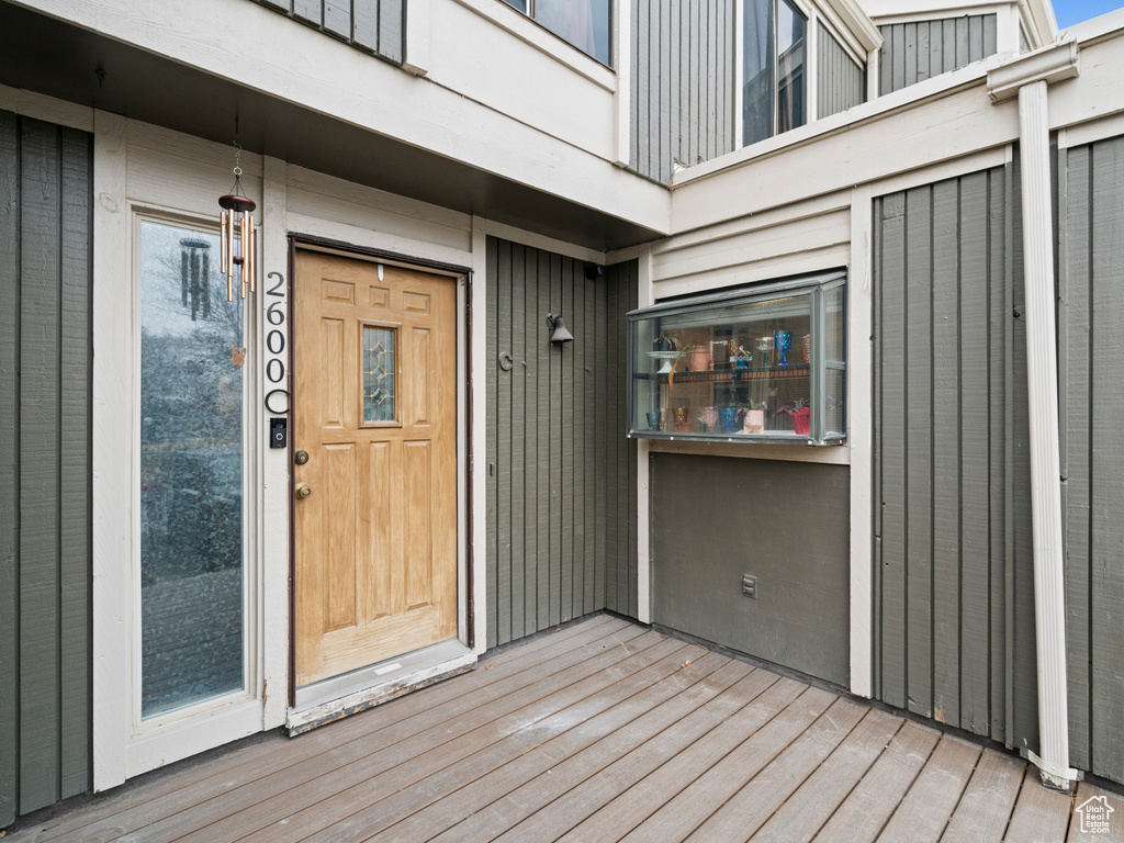 Entrance to property with board and batten siding