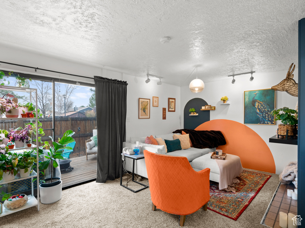 Living area with a textured ceiling, arched walkways, and track lighting