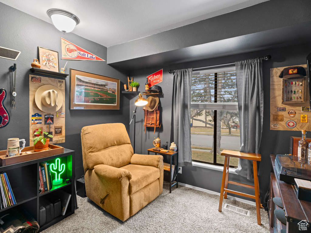 Sitting room with carpet and baseboards