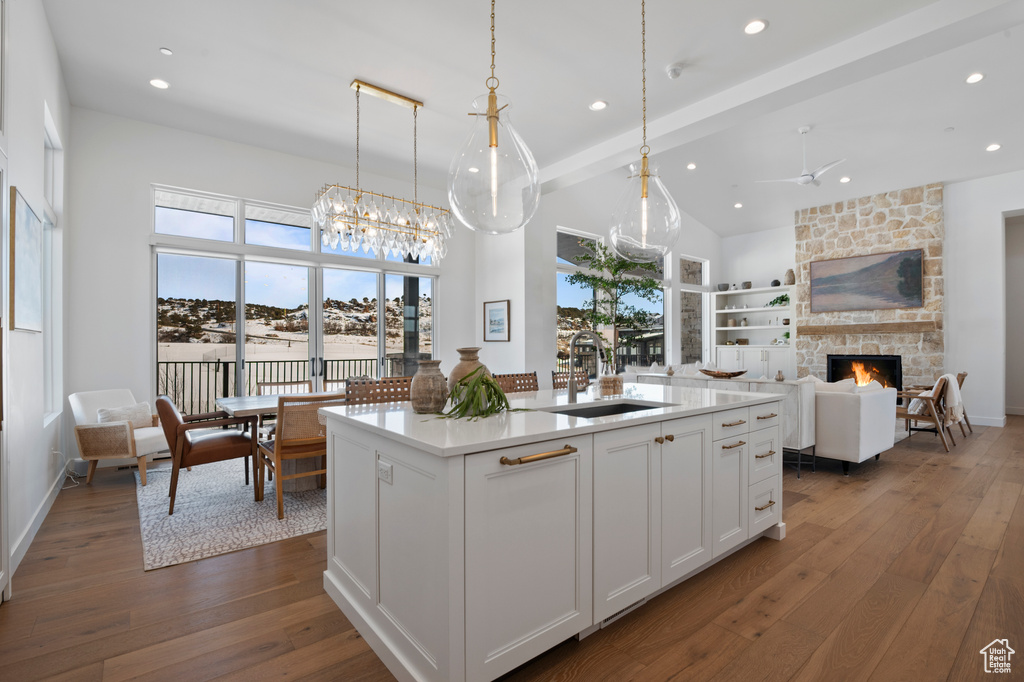 Kitchen featuring dark wood-type flooring, plenty of natural light, a fireplace, and a sink