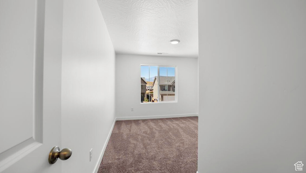 Interior space featuring carpet flooring, a textured ceiling, and baseboards