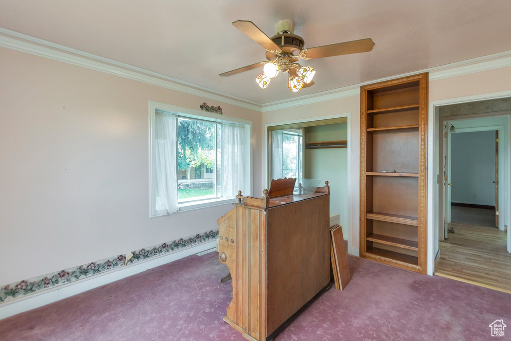Carpeted office space featuring crown molding, a ceiling fan, baseboards, and built in shelves