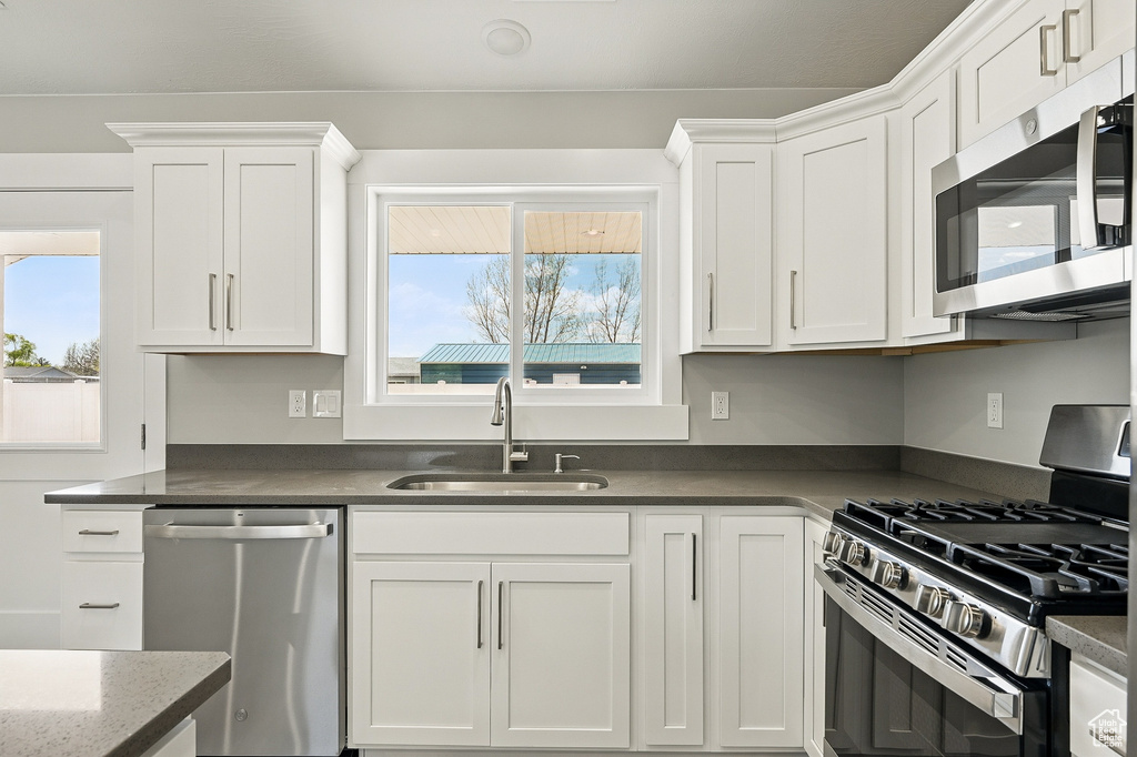 Kitchen featuring stainless steel appliances, white cabinetry, and a sink