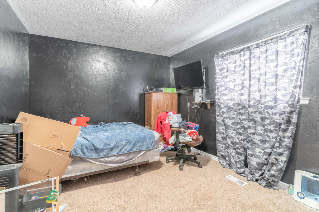 Bedroom with carpet floors, visible vents, a textured wall, and a textured ceiling